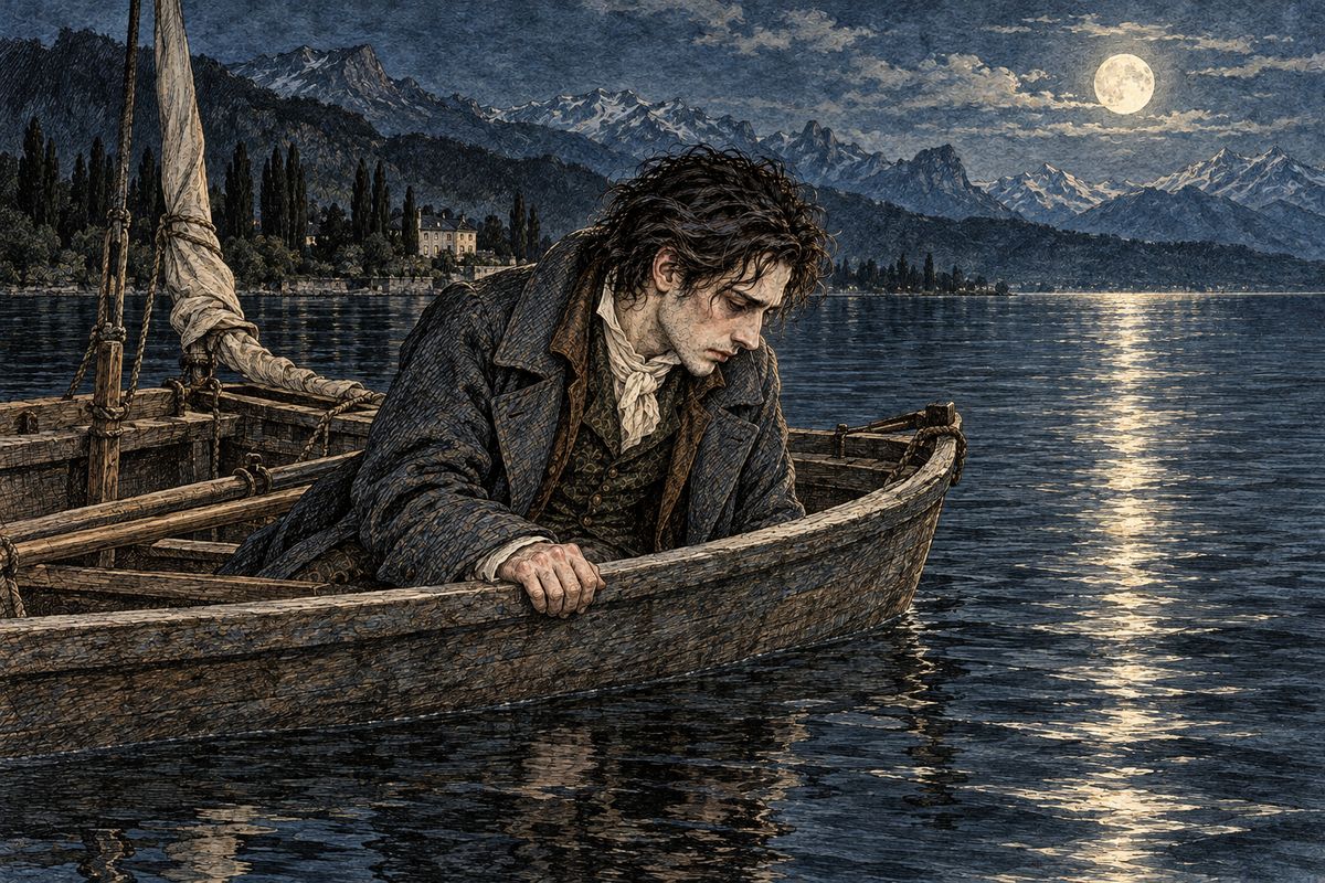 Back at Belrive, Victor took the boat out alone at night and drifted on the silent lake, tempted to plunge in and let the waters close over him. Only the thought of Elizabeth, his father and Ernest held him back. Later Elizabeth took his hand and begged him to banish his dark passions, but even her love could not lift his gloom.