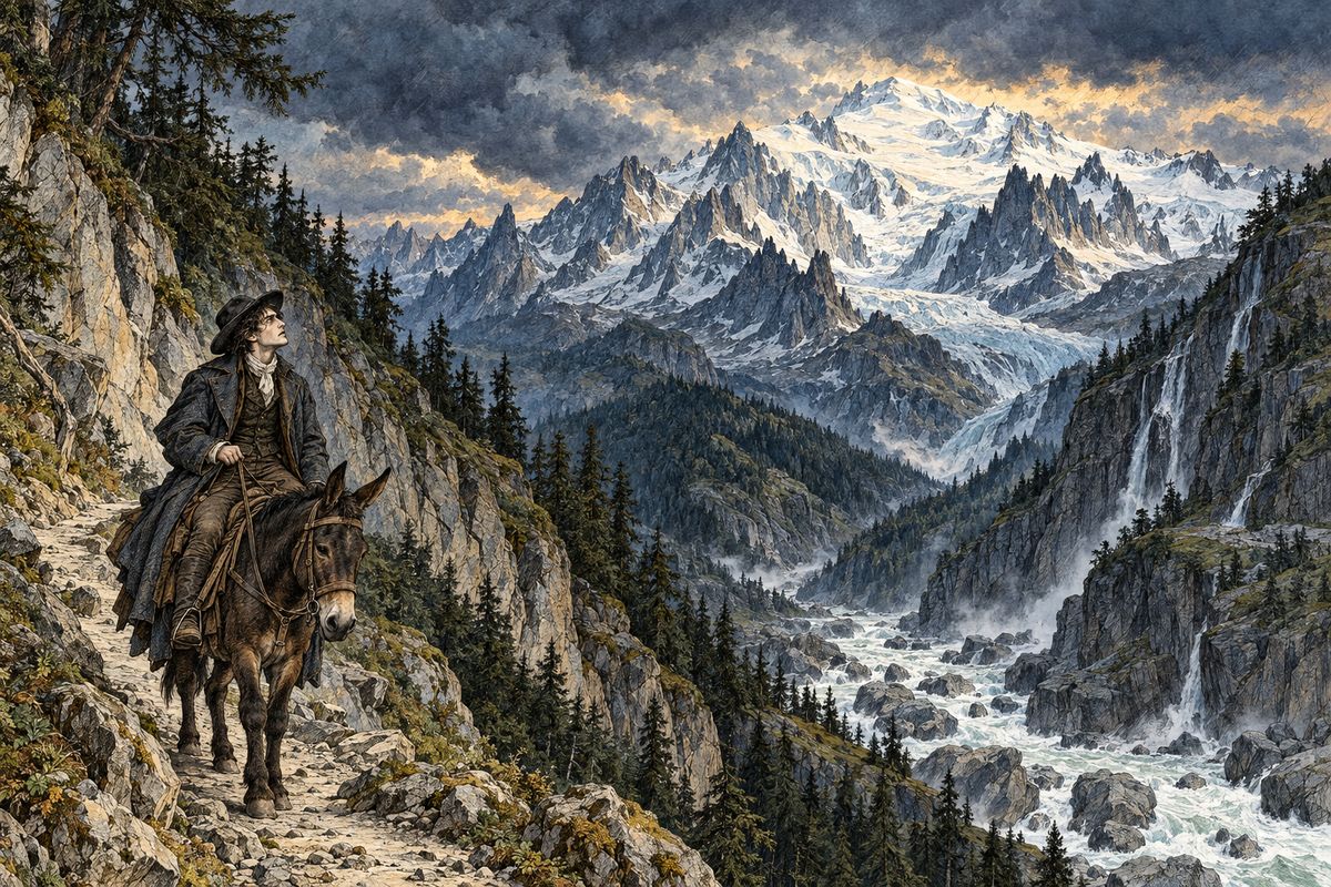In mid-August, two months after Justine's death, Victor fled to the Alps, riding up the roaring ravine of the Arve toward Chamounix. Glaciers crept down to the road, avalanches thundered, and Mont Blanc's great dome towered over all. That night he watched pale lightning flicker above the mountain until sleep, at last, crept over him.