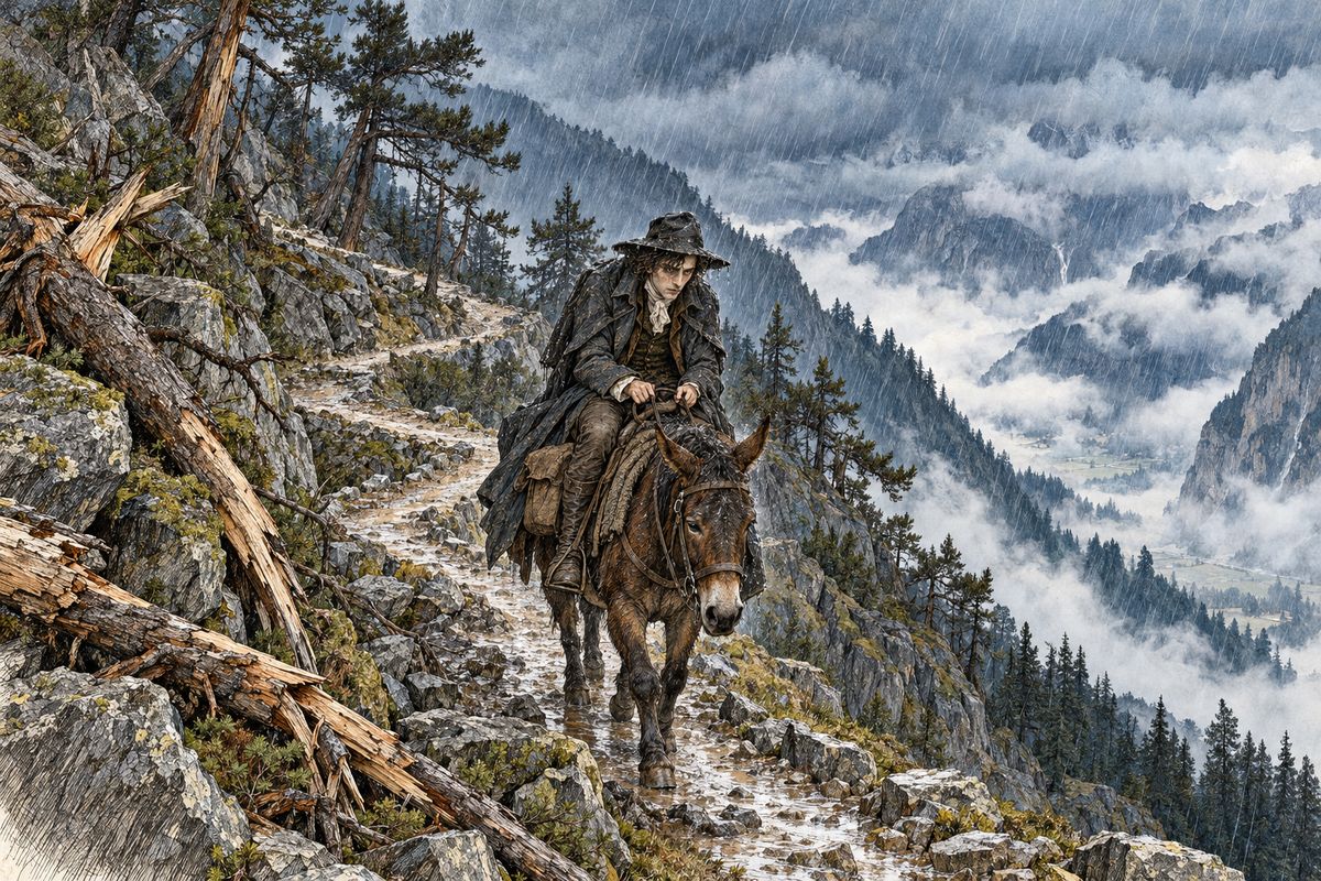 Victor wandered a day among the glaciers at the source of the Arveiron, and their grandeur calmed him a little. But he woke to pouring rain and mist over every summit. Still he rode his mule up Montanvert alone, along a path scarred by winter avalanches, where even a loud word could bring the stones down.