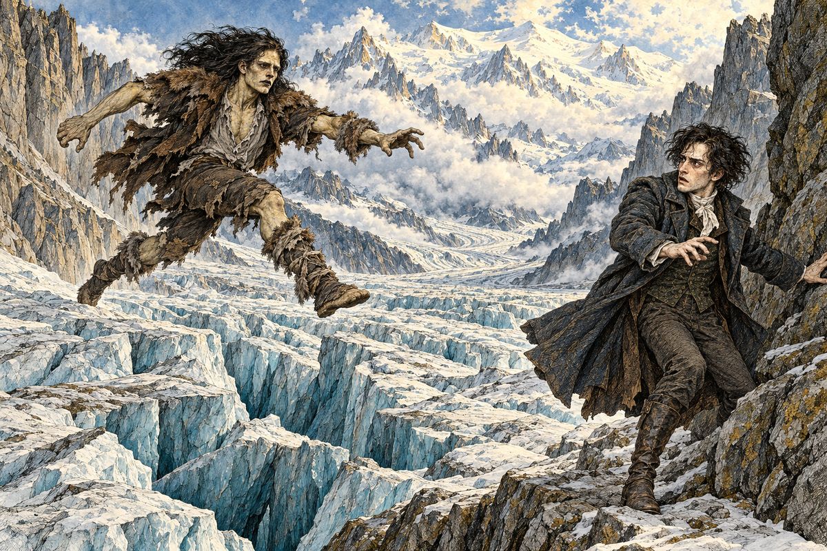 At noon the mist lifted, and Victor crossed the heaving ice to gaze up at Mont Blanc. "Wandering spirits," he cried, "allow me this faint happiness, or take me as your companion." Then he saw a figure far off coming towards him at superhuman speed, bounding over crevasses he had crept around. It was the wretch he had made.