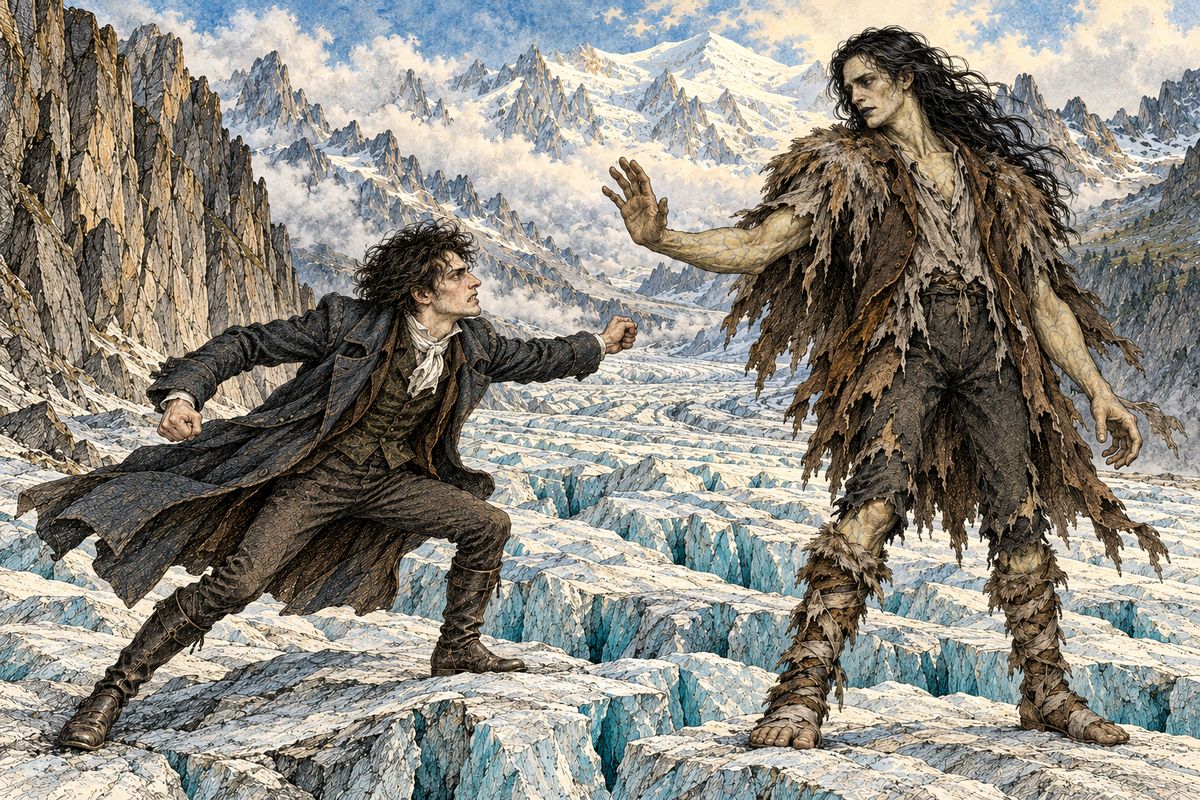 Victor called him a devil and sprang at him, but the creature stepped easily aside. "I was benevolent and good; misery made me a fiend," he said. "Make me happy, and I shall again be virtuous." If Victor would do his duty to him, he promised to leave mankind in peace. If not, he would glut death with the blood of Victor's remaining friends.