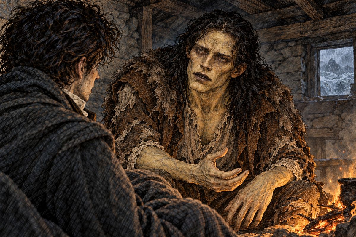 "Hear my tale," the creature begged, "and then decide." Victor did not answer, but he followed him across the ice and up the rock, half from curiosity and half from a first stirring of what a creator owes his creature. As rain began again, the creature lit a fire in the mountain hut, and Victor sat to listen as he began.