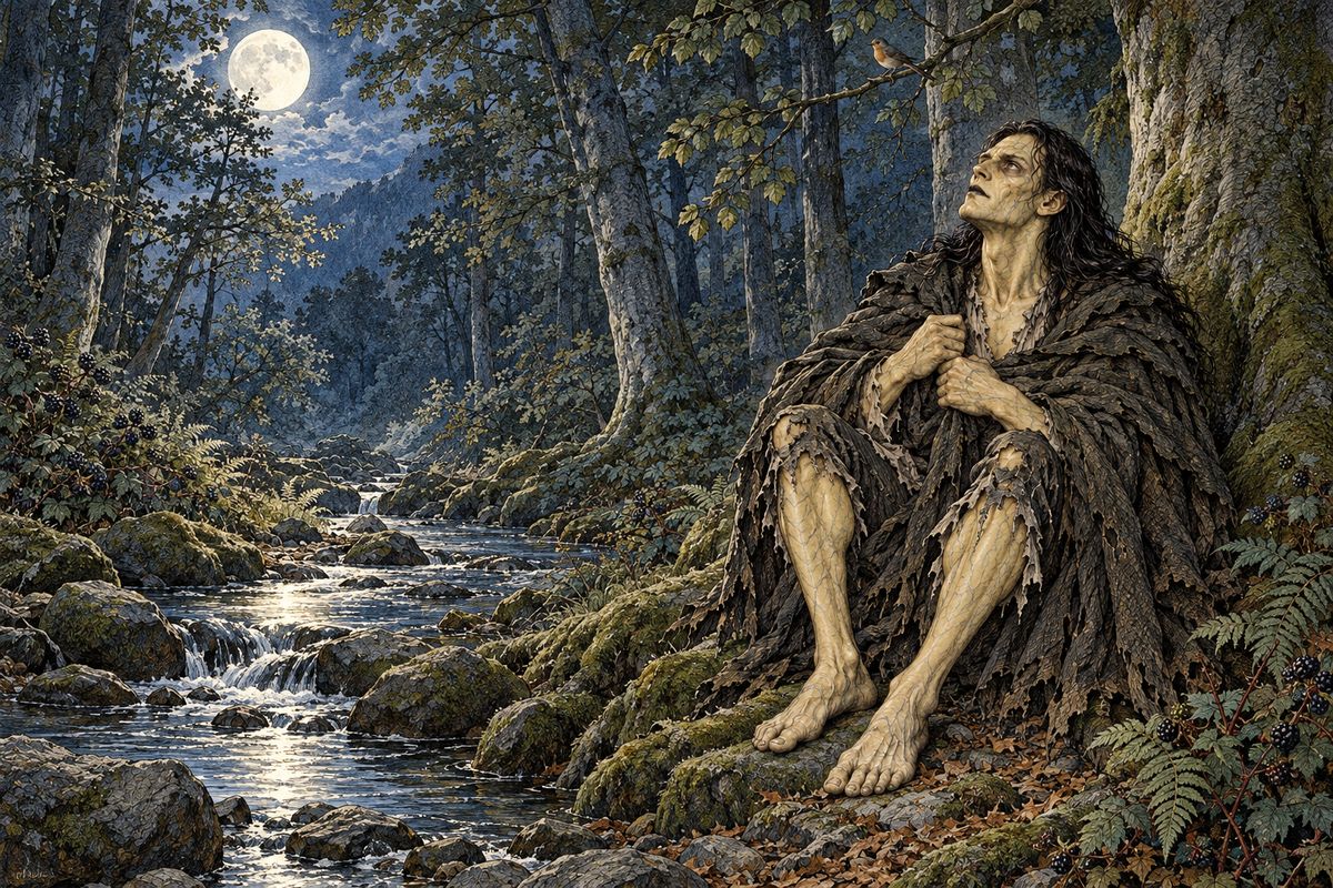 Fleeing Victor's room, the newborn creature wandered into the forest near Ingolstadt, where light, sound and smell crashed over him all at once. He drank at a brook, ate fallen berries and wept from cold, until a huge cloak under a tree and the rising moon gave him his first pleasure. In the weeks after, he learned the birds' sweet songs.