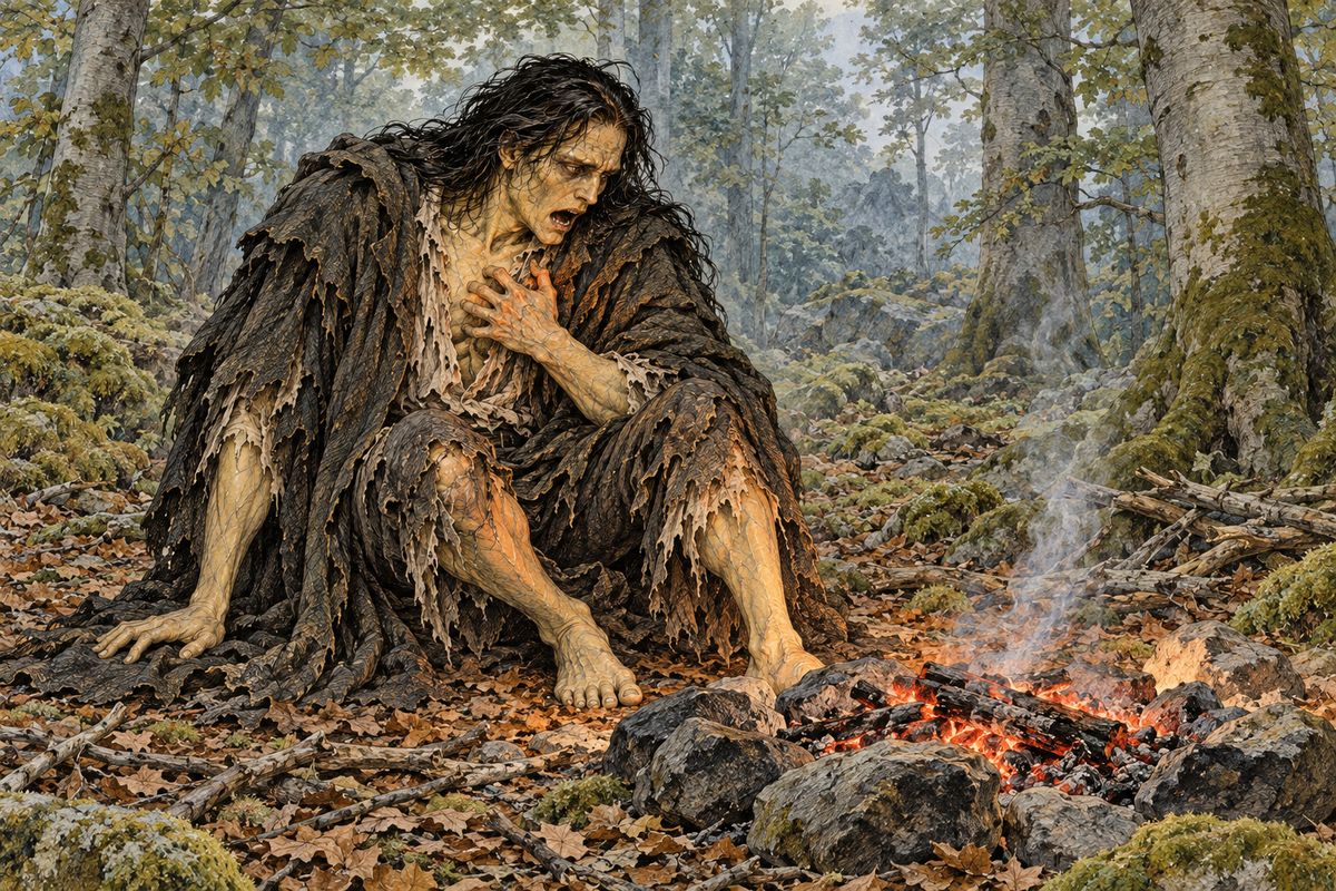 One cold day he found a fire left by wandering beggars and, in his delight, thrust his hand into the live embers. How strange that the same thing could warm and burn! Slowly he learned to dry wood, fan the flames and roast nuts and roots. When food ran short he had to leave the fire behind and set off west.
