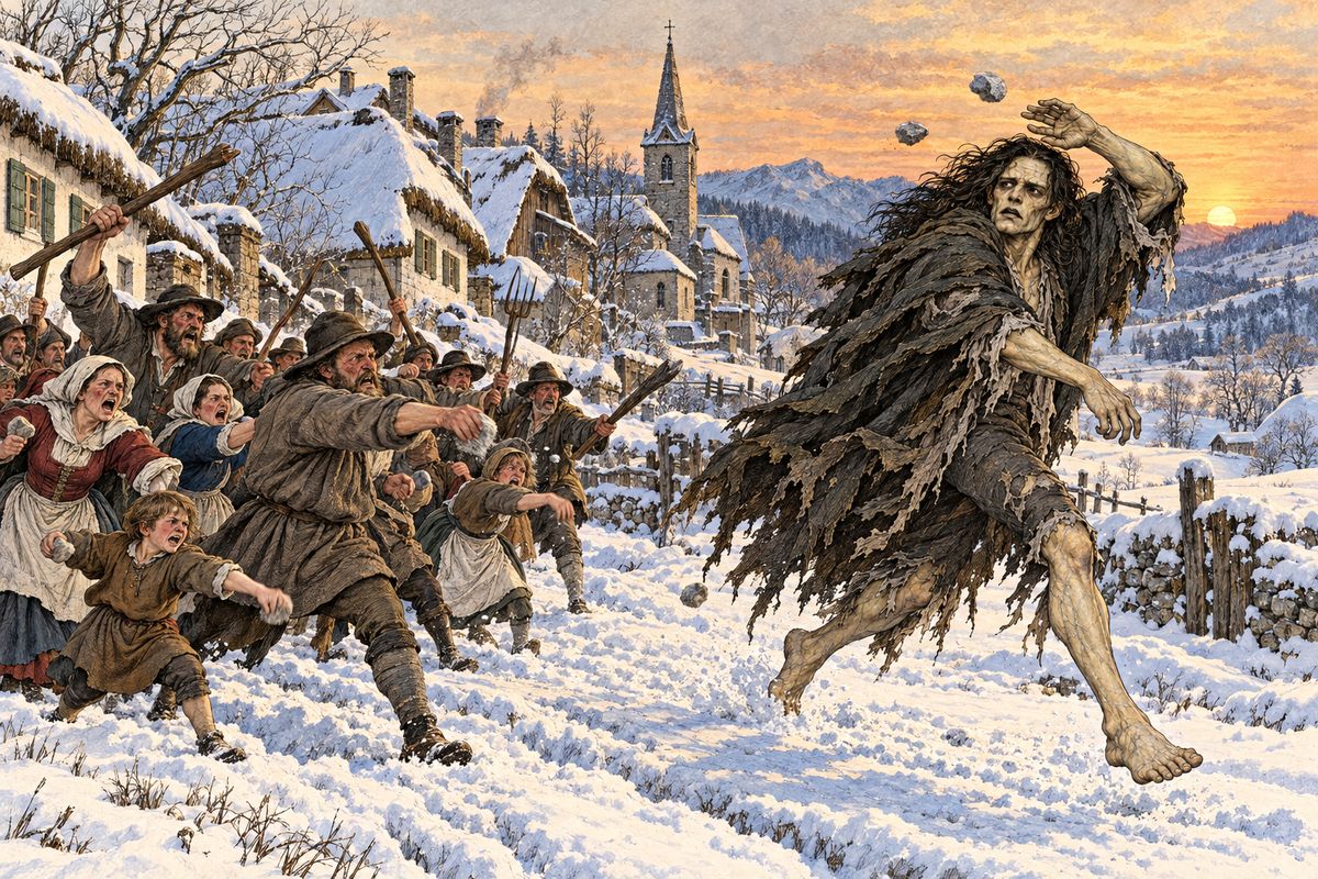 In the snowy open country an old shepherd took one look at him and fled his hut shrieking. At sunset the creature reached a village and stepped into a cottage. Children screamed and a woman fainted, and the whole village rose against him with stones and sticks until, badly bruised, he ran for the fields.
