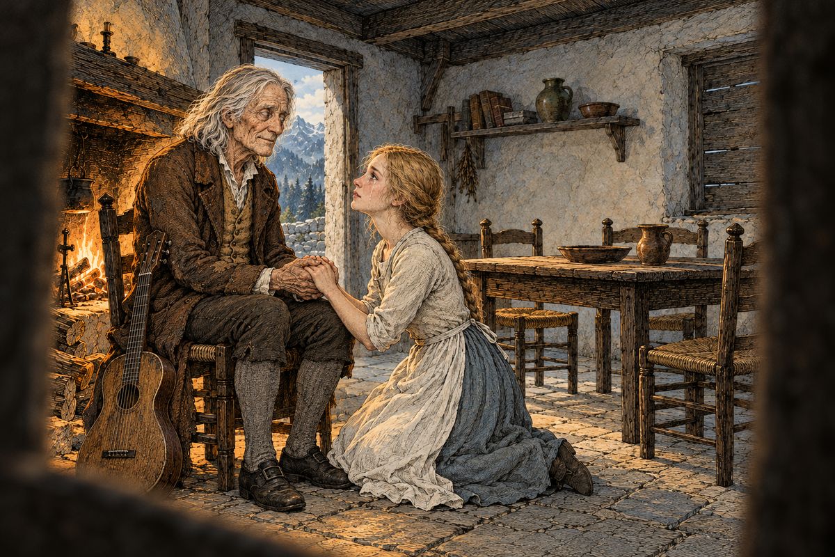 He hid in a low hovel built against the back of a neat cottage. Through a tiny chink in a boarded window he watched a blind, silver-haired old man play a sad, sweet air for a gentle girl, Agatha, until she wept and knelt at his feet. Her sorrowful brother Felix came home later carrying wood. The sight filled the creature with a strange mix of pain and joy.