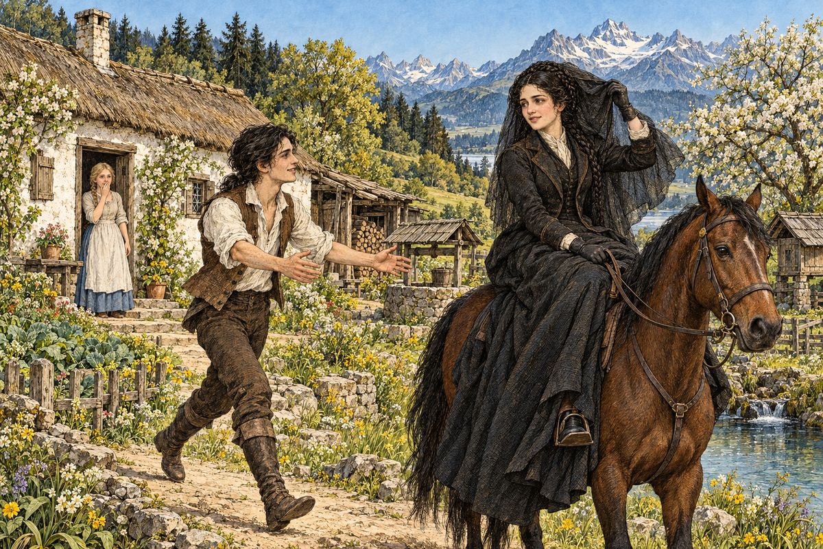 As spring bloomed, a lady on horseback came to the cottage door, wrapped in a thick black veil. When Agatha asked her a question, she answered with one word, spoken in a sweet, foreign voice: "Felix." He rushed out, and she threw back her veil. All the sorrow went from his face, and he kissed her hand and called her his sweet Arabian.
