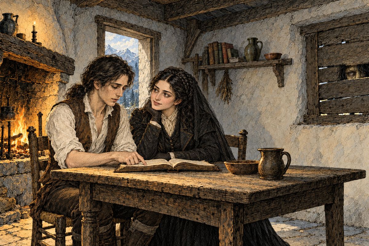 Safie brought joy to the cottage. She played the old man's guitar, and Felix began teaching her French from Volney's 'Ruins of Empires'. Unseen behind the wall, the creature listened to every lesson. Within two months he understood almost every word, and he was learning far faster than the Arabian, who still spoke in broken phrases.