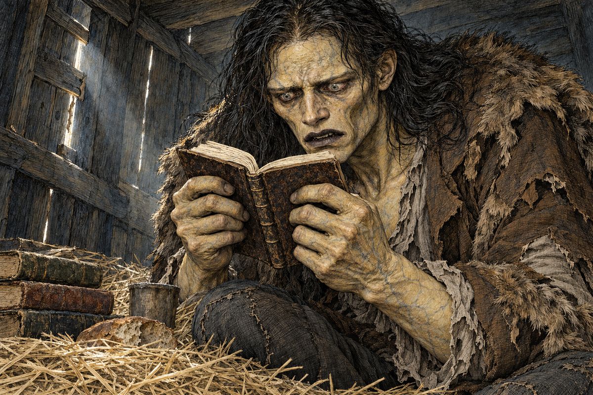 One August night, in the wood, the creature found a leather case holding Paradise Lost, Plutarch's Lives and The Sorrows of Werter. Reading them, he felt as alone as Adam and as bitter as Satan. Then he made out Victor's journal from the pocket of the stolen coat, and every word of loathing about his making sickened him. 'Accursed creator!' he cried.