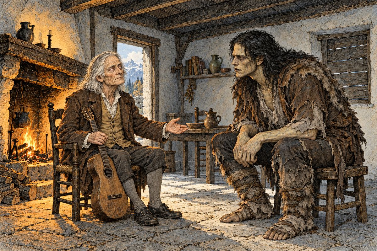 Through autumn he planned, and on a bright winter day, when the young people had gone walking, he knocked at the cottage door. 'Come in,' said blind old De Lacey, and welcomed the traveller to his fire. When the creature spoke of beloved friends who were set against him, the old man answered gently that he believed him sincere and would gladly help.