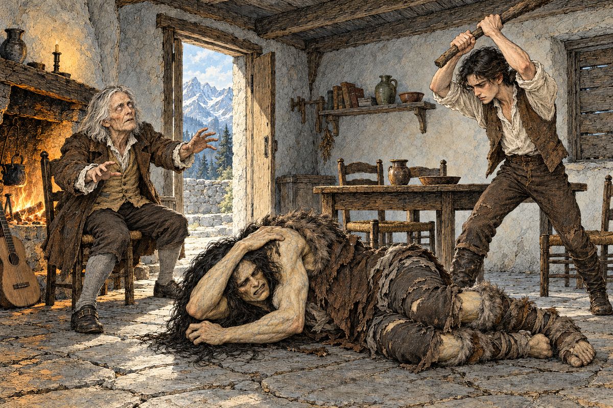 Hearing steps outside, the creature fell sobbing at the old man's knees: 'Save and protect me!' Then the door opened. Agatha fainted, Safie ran from the cottage, and Felix tore him away and struck him again and again with a stick. The creature could have torn him limb from limb, but he held back, and fled to his hovel.