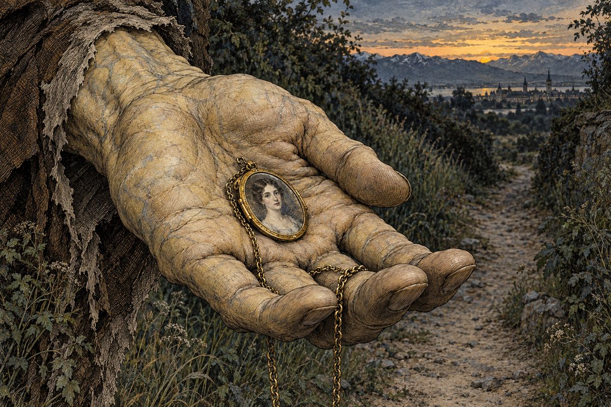 He reached the fields outside Geneva at dusk, and a little boy came running into his hiding place. Hoping for a friend too young to fear him, the creature caught hold of the child. But William screamed 'Monster!' and cried that his papa was M. Frankenstein. 'You shall be my first victim,' said the creature, and strangled him. From the child's breast he took a portrait of a lovely woman.