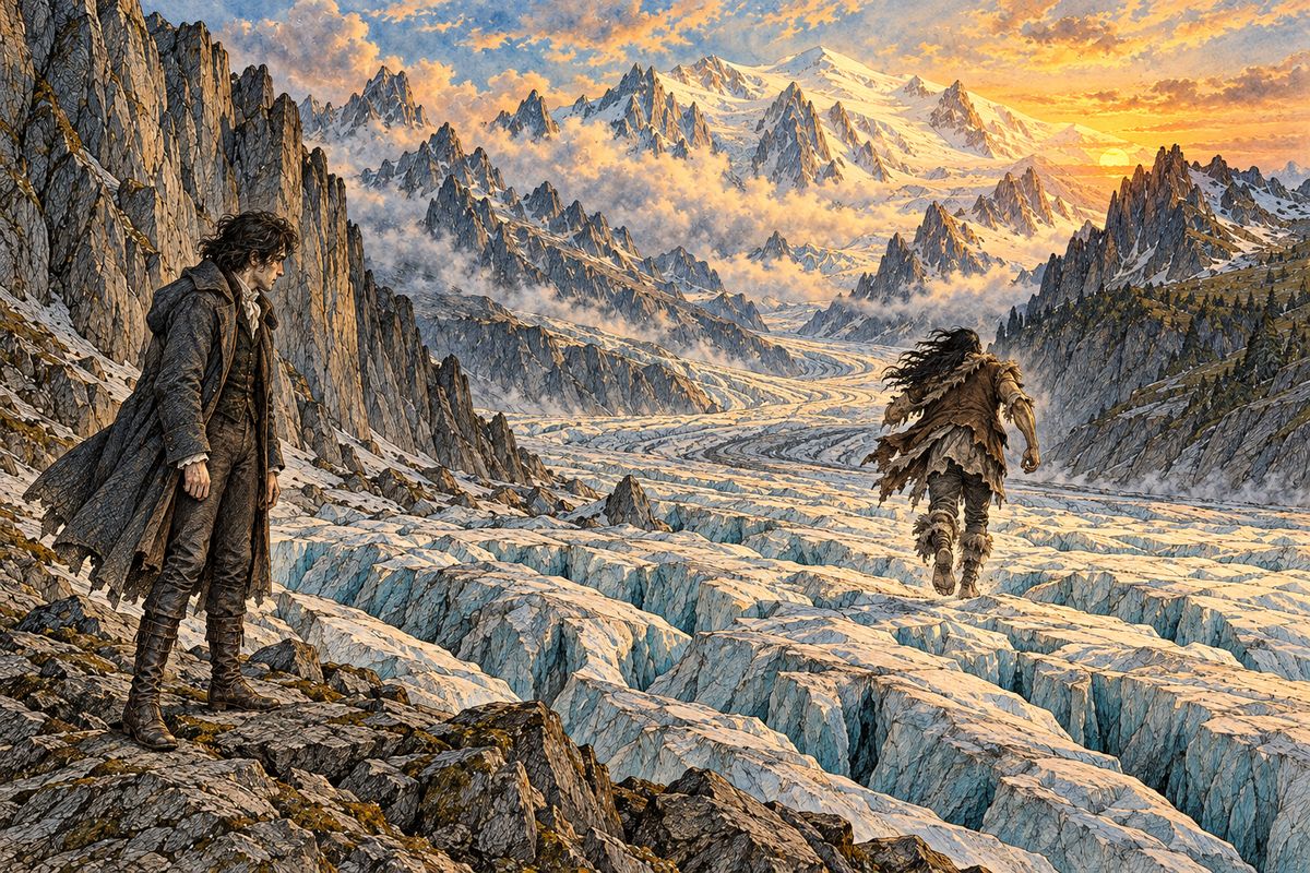 Shaken, and moved by his story, Victor at last agreed, on the creature's solemn oath to leave Europe forever. "I swear by the sun, and by the blue sky of Heaven," the creature cried, and rushed down over the sea of ice faster than an eagle flies. That night, alone beneath the stars, Victor wept bitterly.