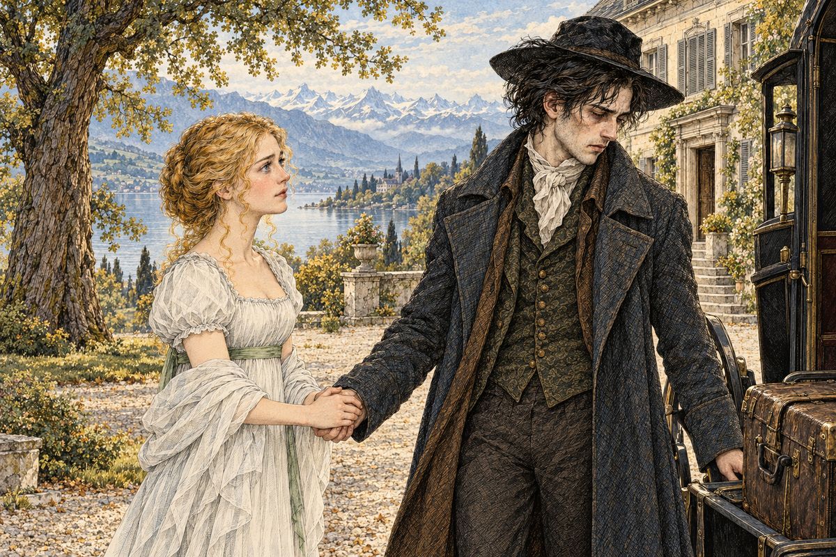 Back in Geneva, Victor put off the hated work for weeks. When his father hoped for an early wedding to Elizabeth, Victor asked first to travel to England, where he could do the task far from those he loved. On the September morning he left, Elizabeth could not find any words. She bade him a tearful, silent farewell.