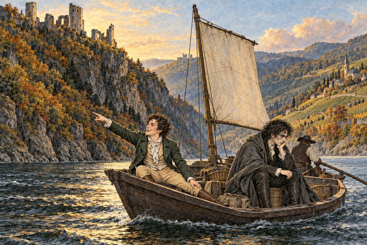 Henry Clerval joined him at Strasburgh, and the two friends sailed down the Rhine past willowy islands, vineyards and ruined castles on their crags. Clerval was overjoyed by every view. "This is what it is to live!" he cried. But Victor sat brooding in the boat, haunted by the work that waited for him at the end of the journey.