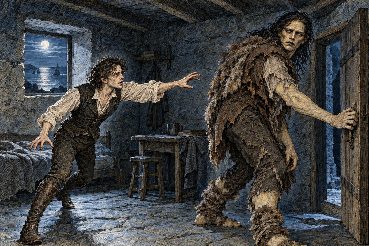 Hours later the creature rowed back and came into Victor's room. 'You are my creator, but I am your master—obey!' Victor refused to make him a mate. The creature gnashed his teeth and swore revenge, and at the door he turned: 'I go; but remember, I shall be with you on your wedding-night.' Then his boat shot away into the dark.
