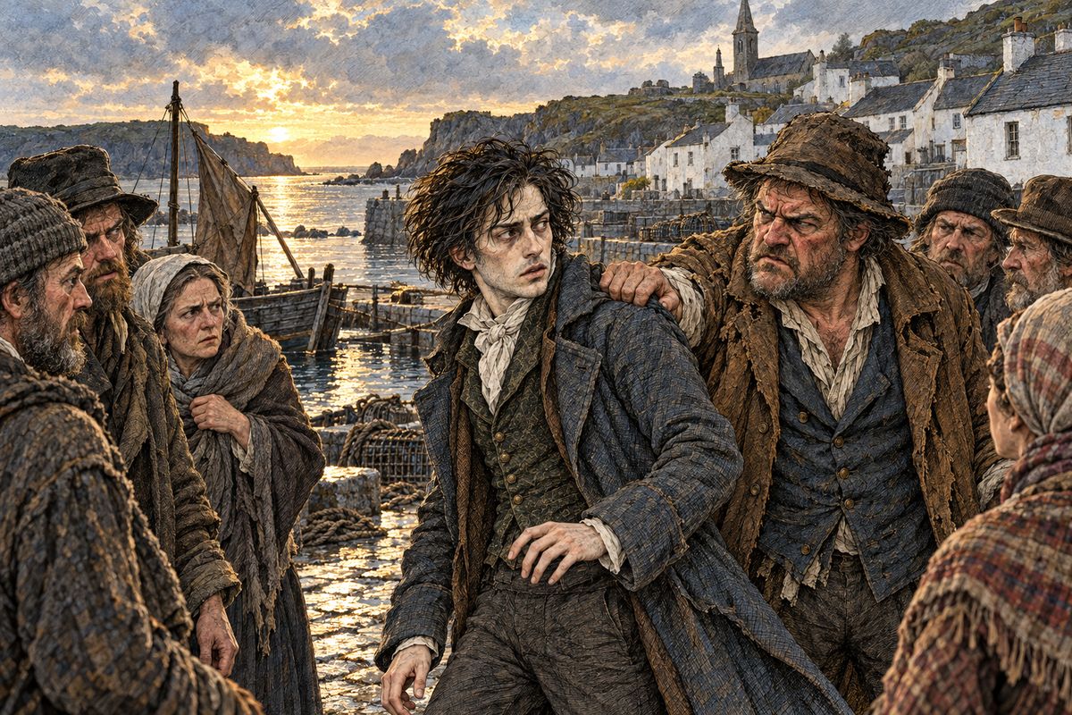 Two nights later Victor packed the remains into a basket weighted with stones and sank it four miles out under a clouded moon. He fell asleep in the skiff, and the wind drove him far across a stormy sea. When he finally reached a small Irish harbour, a frowning crowd closed around him: he was to answer to Mr Kirwin, the magistrate, for a gentleman found murdered there the night before.