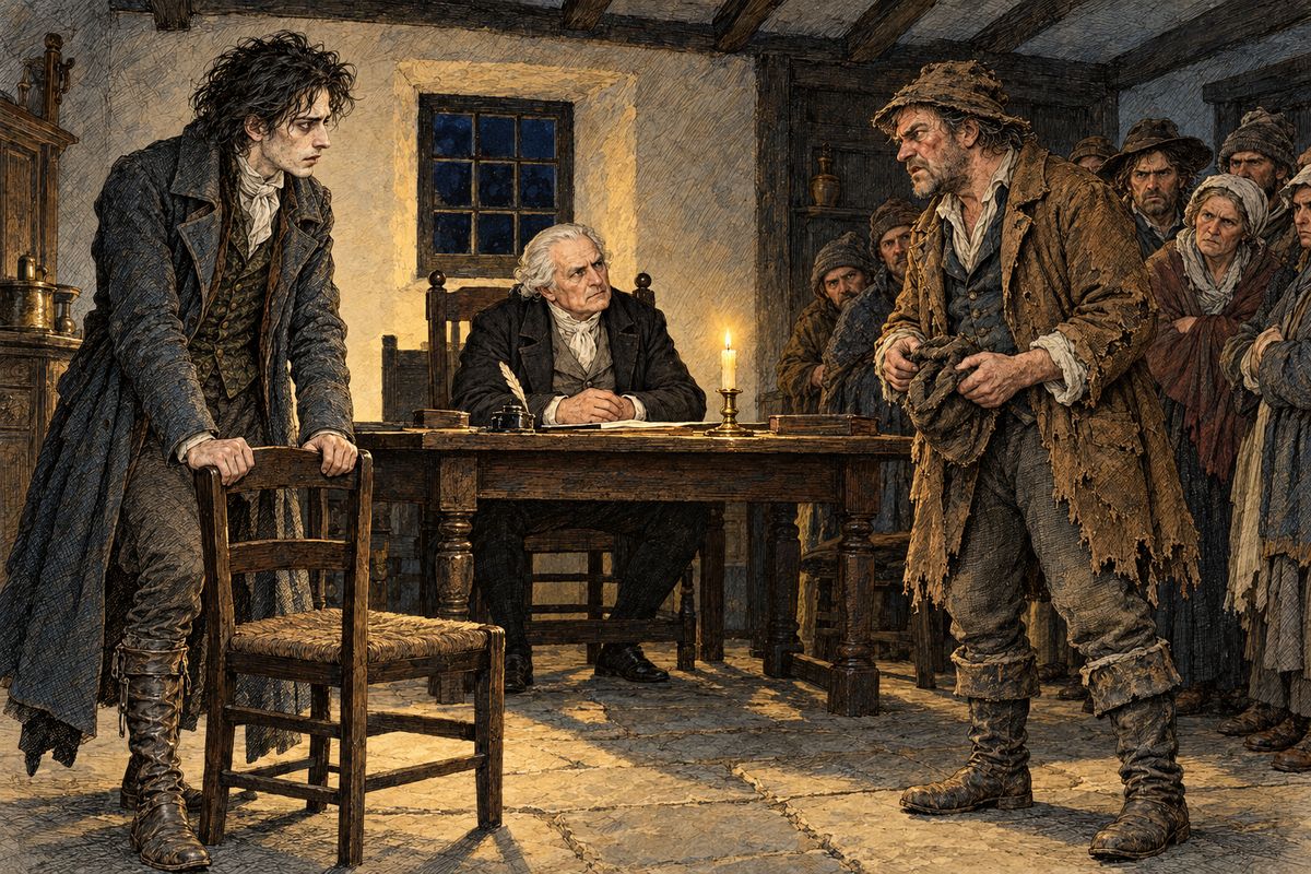 Seized on landing in Ireland, Victor was brought before the magistrate, kindly old Mr. Kirwin. A fisherman told how he had tripped in the dark over a young man's body, still warm and dry, strangled, with the black mark of fingers on his neck. Remembering William, Victor trembled and gripped a chair, and the magistrate watched him keenly.