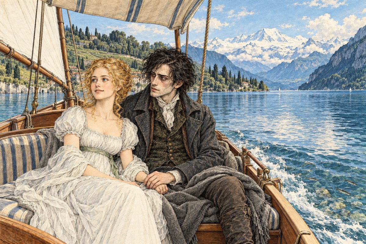 Ten days later they were married in Geneva and sailed away across the lake toward Evian. Mont Blanc shone in the distance. "What a divine day!" Elizabeth said, pointing out the fish in the clear water. Even so, her joy kept giving way to a quiet dread, while Victor knew these were his last happy hours.