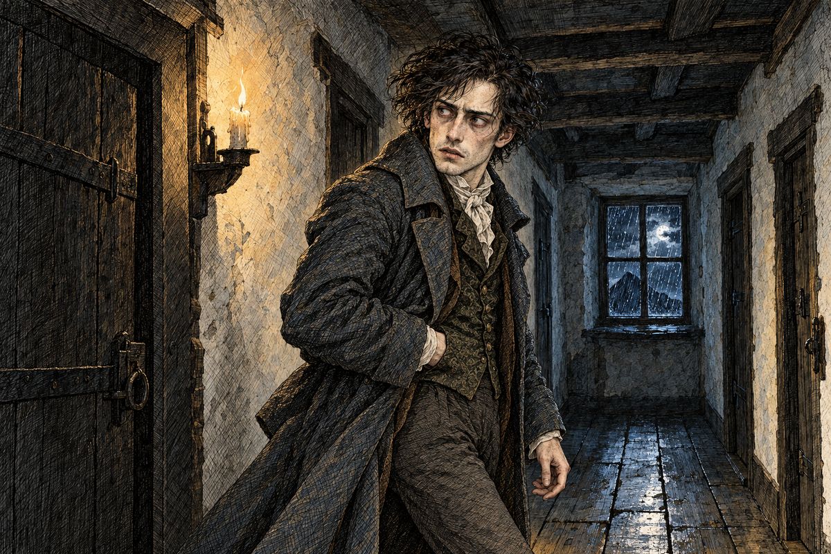 They landed at Evian at sunset, and that night a violent storm swept the lake. Victor, gripping a pistol hidden inside his coat, begged Elizabeth to go to bed. Then he crept through the inn's passages, searching every corner for his enemy. He had begun to hope the fiend would not come, when a shrill, dreadful scream rang out from her room.