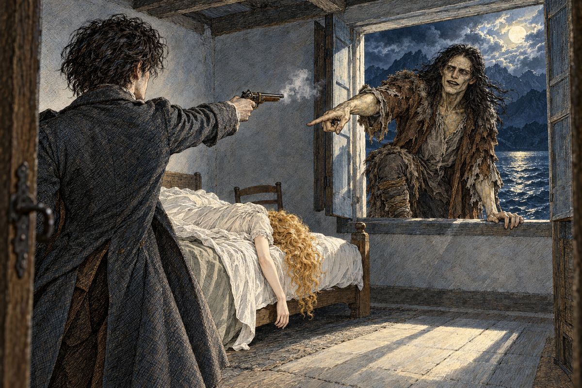 He rushed in and found Elizabeth lifeless, thrown across the bed. When he looked up, the shutters stood open, and at the window the monster grinned and pointed a jeering finger at her body. Victor drew his pistol and fired, but the creature sprang away and plunged into the lake. The boats and nets that searched for him found nothing.