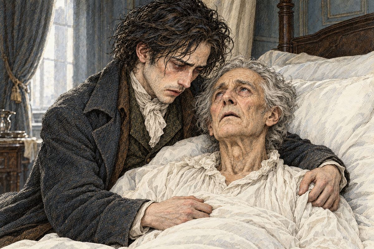 Victor hurried back to Geneva. His father could not bear the news, and within a few days he died in Victor's arms. For months afterwards Victor was locked in a madman's cell. Once he was released, he told a Genevan magistrate the whole story. The magistrate did not believe it, so Victor swore to hunt the creature down himself.