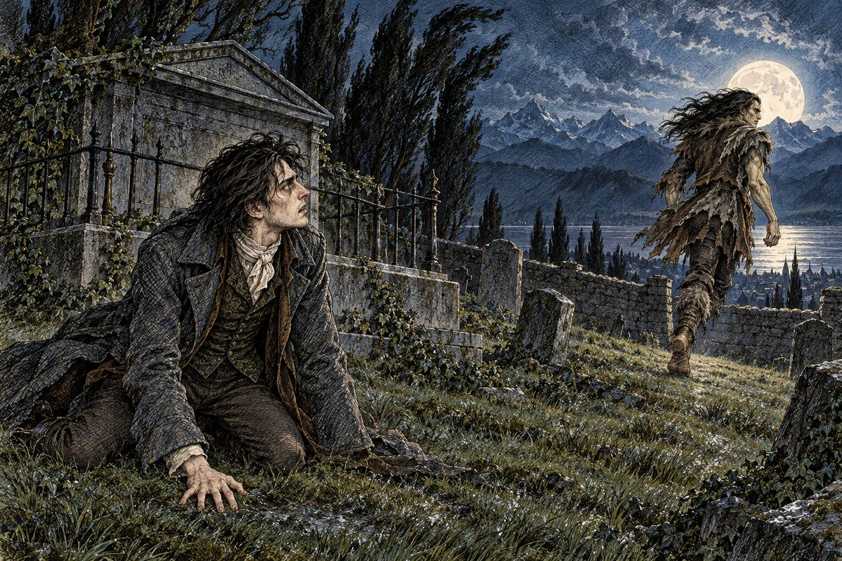 With Elizabeth and his father dead, Victor left Geneva for ever. At dusk he knelt at the family grave and swore by the Night and the spirits of the dead to hunt the dæmon until one of them died. A loud, fiendish laugh answered him. "I am satisfied," whispered a hated voice. "You have determined to live."