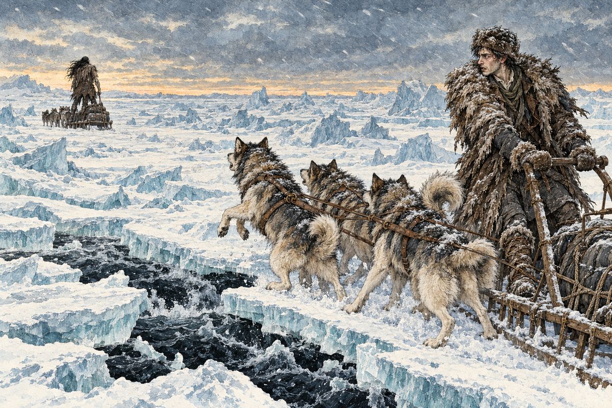With a dog-sledge he gained on his enemy, and followed him out onto the frozen sea. After three weeks he saw the creature's sledge less than a mile ahead. Then a ground sea thundered beneath the ice, and it split with a roar like an earthquake. Black water rolled between them, and Victor was left drifting on a shrinking floe.