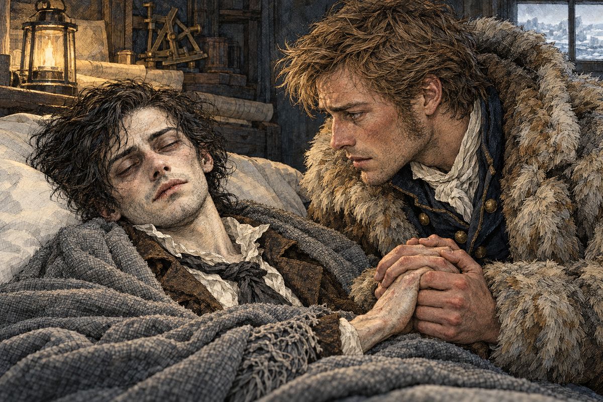 Walton gave in, and when the ice broke the ship turned for England while the crew cheered. Victor tried to rise and pursue his enemy but fell back, dying. "Seek happiness in tranquillity, and avoid ambition," he told Walton, "even if it be only the apparently innocent one of distinguishing yourself in science and discoveries." Then he pressed his friend's hand, and closed his eyes for ever.