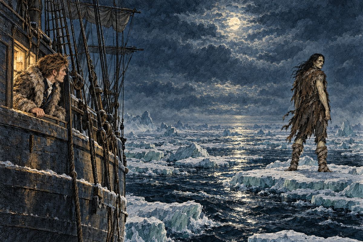 At midnight Walton found the creature weeping over the coffin. "That is also my victim!" he cried, hating himself more than any man could hate him. He swore to build his own funeral pyre at the Pole, so that no one could ever make another like him. Then he sprang from the cabin window onto his ice raft, and was carried away into darkness and distance.
