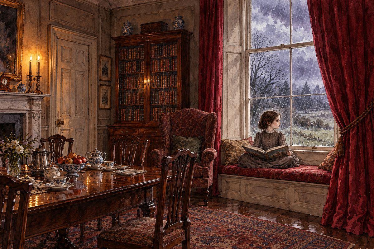 No walk was possible that dreary November day. Shut out from her aunt's fireside circle, ten-year-old Jane Eyre slipped into the breakfast-room, climbed into the window-seat with Bewick's History of British Birds, and drew the red curtain close, while cold rain swept the leafless shrubbery outside.