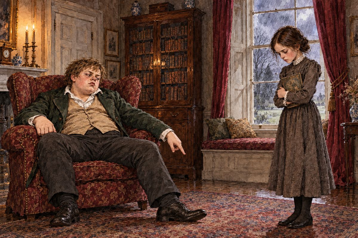 Her peace ended when her cousin John Reed, a stout bully of fourteen, found her hiding. He struck her without warning, then sneered over the book: “You are a dependent, mama says; you ought to beg, and not to live here with gentlemen's children like us.”