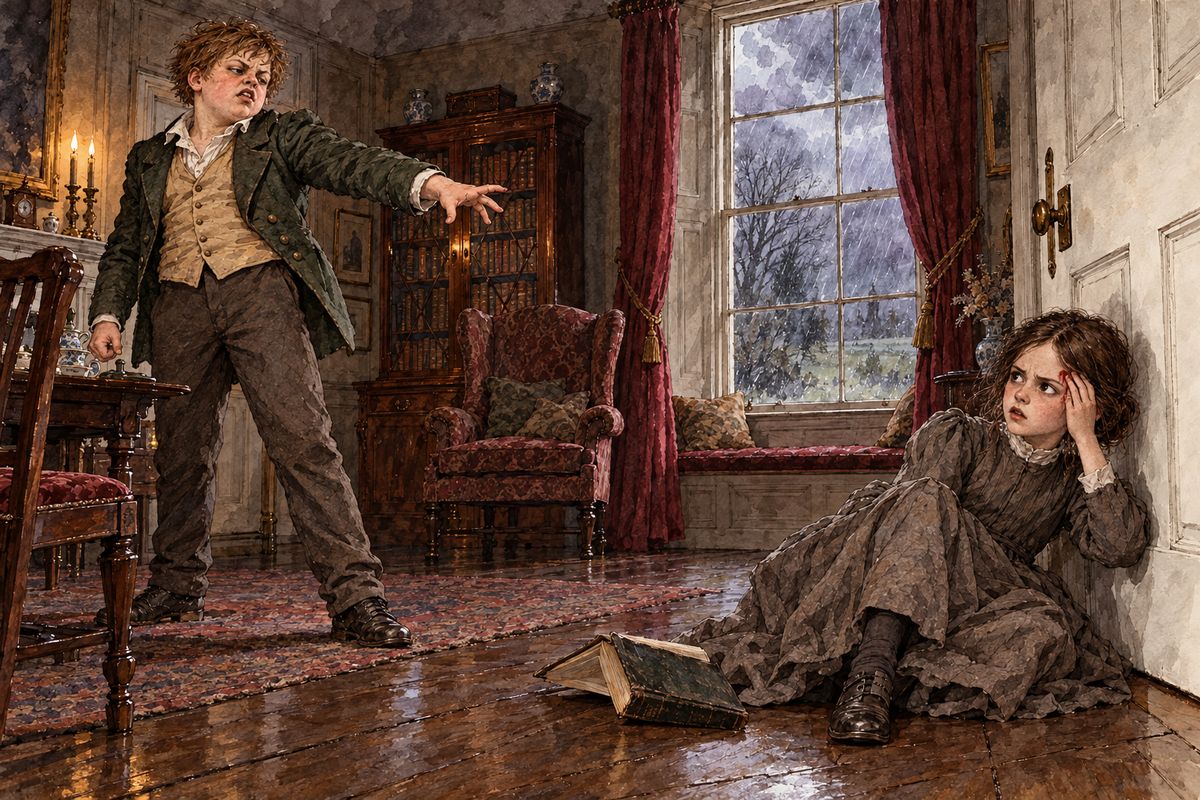 He ordered her to stand by the door, then lifted the heavy volume and hurled it. It struck her; she fell against the door and cut her head, and as the blood came, her terror gave way to something fiercer.