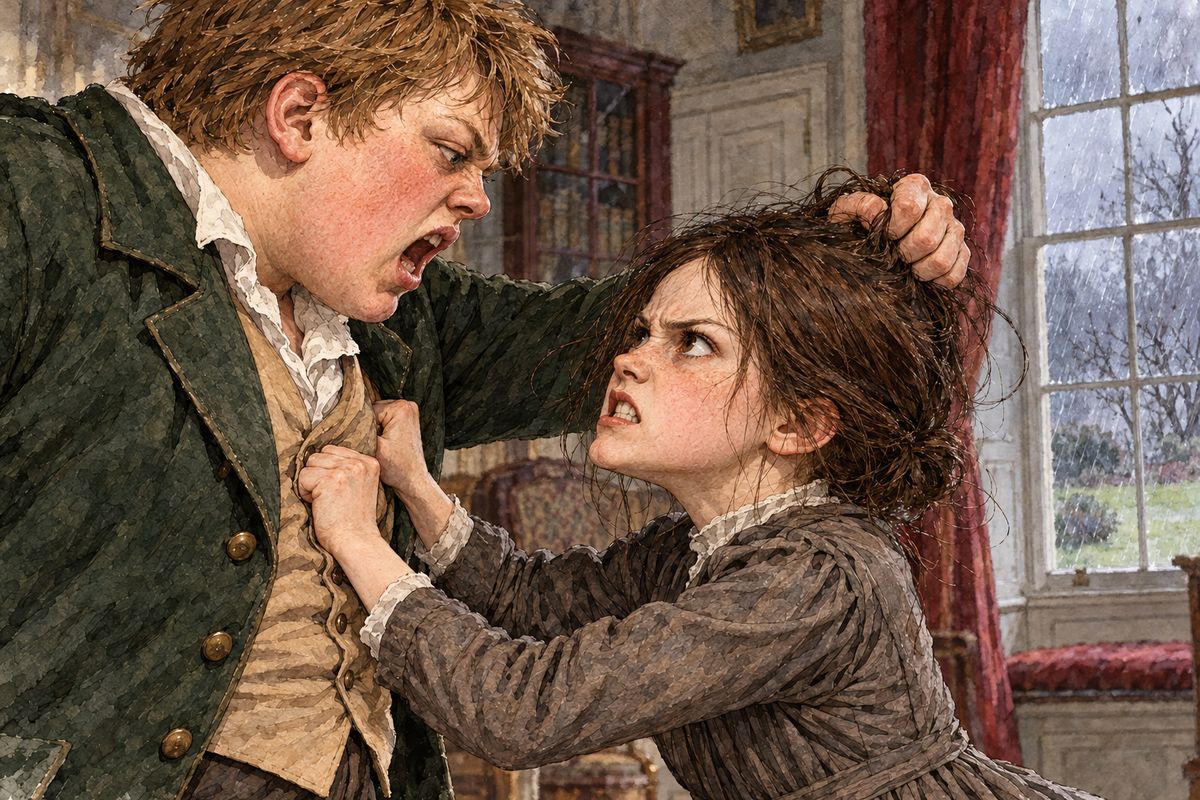 “Wicked and cruel boy! You are like a murderer—you are like a slave-driver!” Jane cried. When John rushed at her and seized her hair, she fought back wildly, until his sisters' shouts brought Mrs Reed and the servants running.