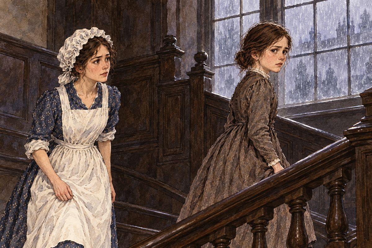 “Take her away to the red-room, and lock her in there,” ordered Mrs Reed. Bessie the nurse and the maid Abbot hauled the struggling girl upstairs, Abbot scolding her for striking her young master: “You are less than a servant, for you do nothing for your keep.”