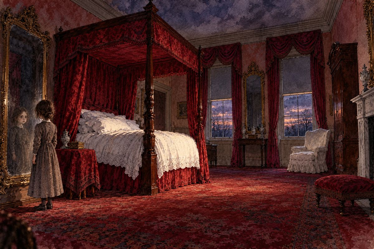 The red-room was the grandest, coldest chamber in Gateshead Hall, seldom entered because Jane's uncle, Mr Reed, had died there nine years before. Locked in alone, Jane crept past the great looking-glass and saw a strange white-faced little figure staring back, like a phantom from Bessie's stories.
