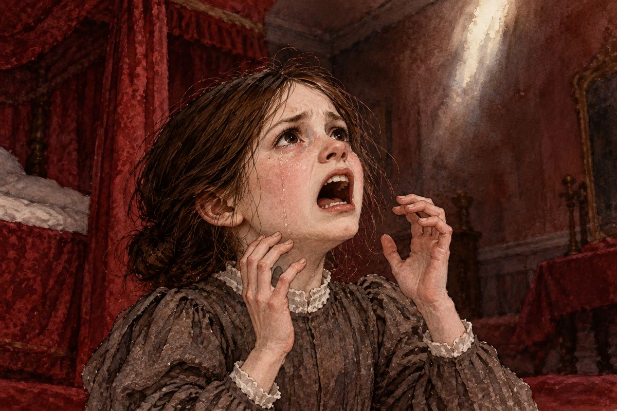 As the dusk deepened she brooded on the injustice of it all, and on her dead uncle, who would surely have been kind. Then a pale light gleamed on the wall and glided up to the ceiling. Sure that a ghost was coming, Jane rushed to the door and screamed.