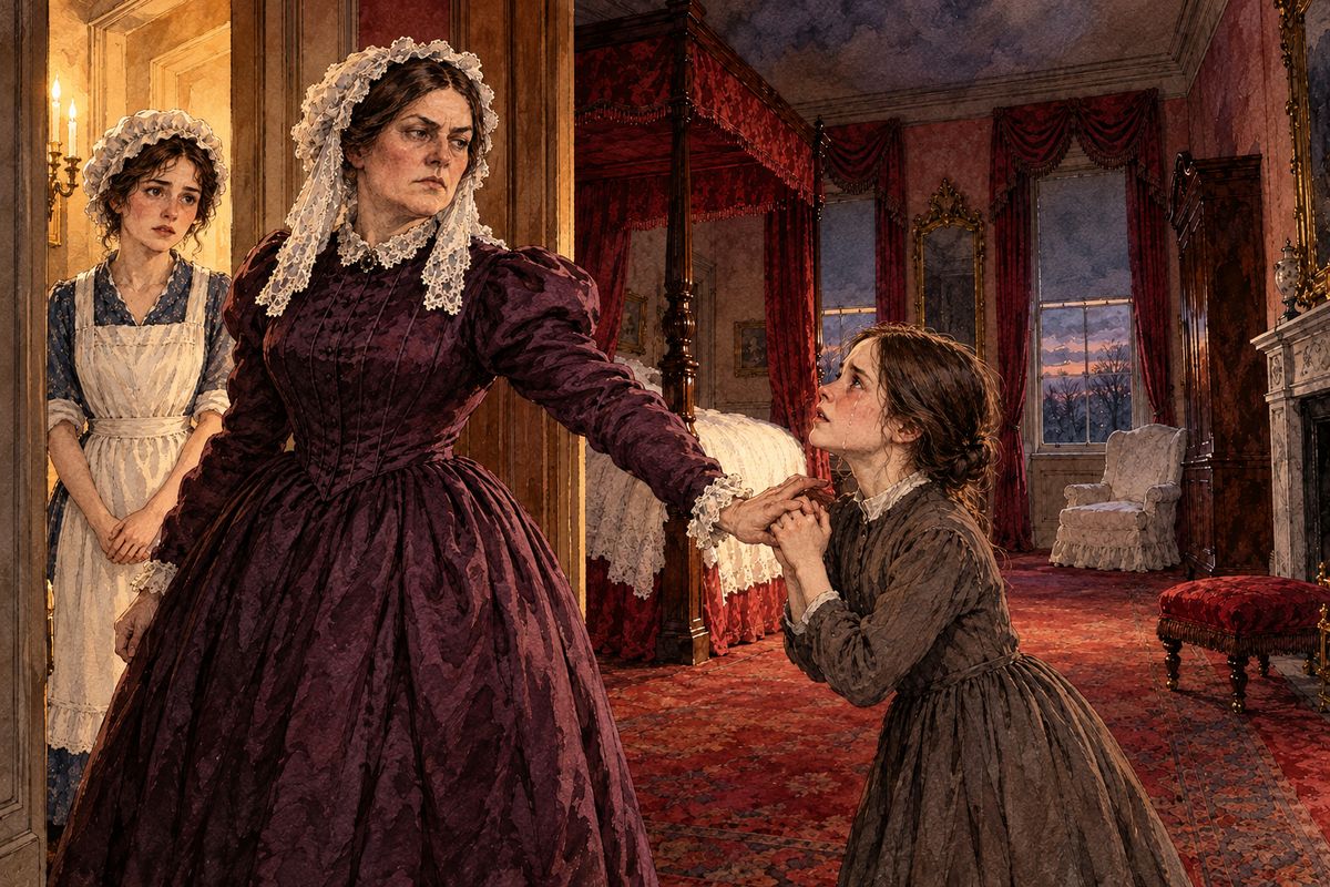 Bessie and Abbot came running, but Mrs Reed swept in behind them, sure the scream was a trick. Deaf to Jane's sobs—“O aunt! have pity! Forgive me!”—she thrust her back into the room and locked the door for another hour.