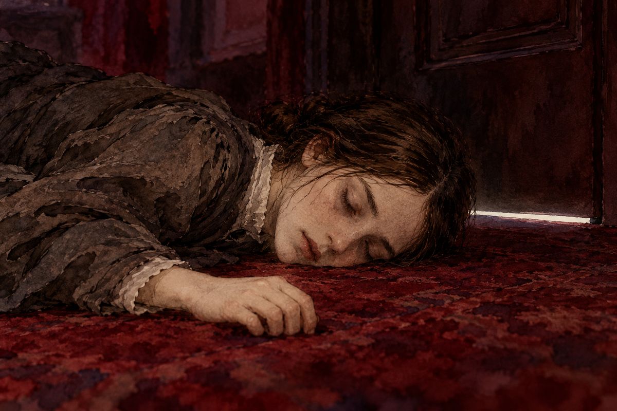Alone in the dark again, Jane heard her aunt's footsteps sweep away. Her heart pounded, a rushing like wings filled her ears, and overcome by terror, she sank senseless onto the red carpet.