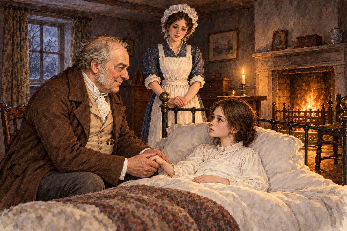 She woke in her own bed to a red glare that was only the nursery fire. Someone was holding her up more gently than anyone ever had: it was Mr Lloyd, the apothecary. “We shall do very well by-and-by,” he said, and Jane felt safe for the first time.