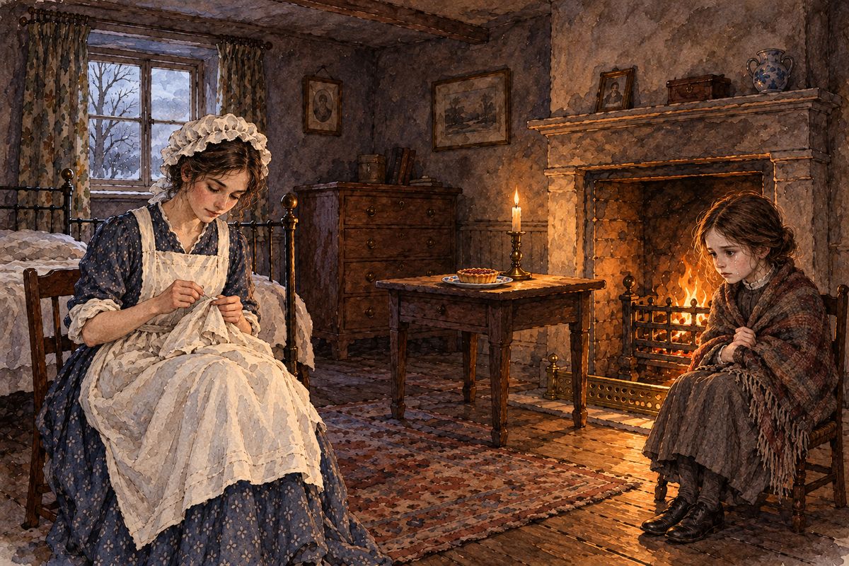 The next day she sat by the nursery hearth wrapped in a shawl, too wretched to be cheered. A tart on her favourite painted plate went untasted, the pictures in Gulliver's Travels seemed dreary, and Bessie's ballad of a poor orphan child only made her tears fall faster.