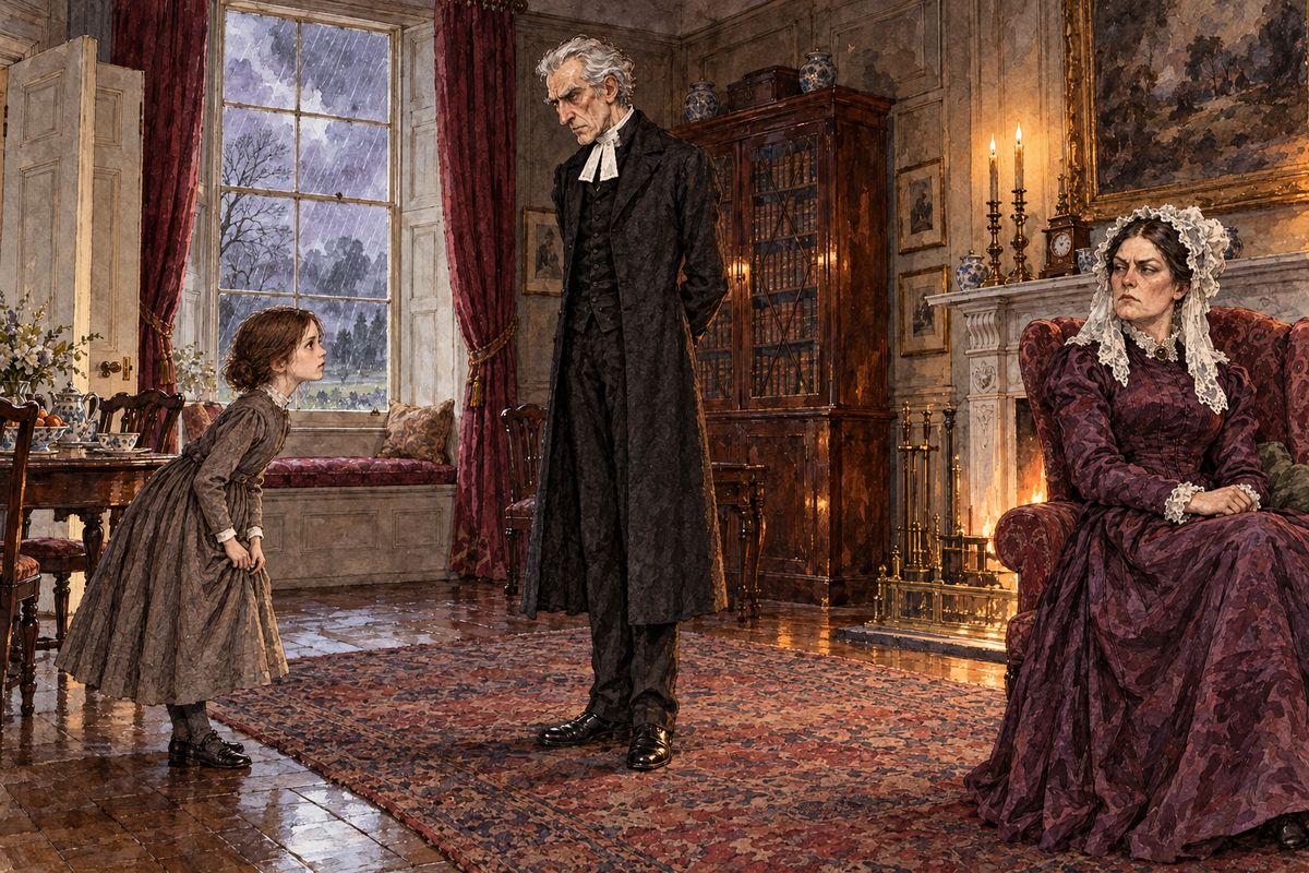On a frosty January morning Jane was called down to the breakfast-room. On the hearth-rug stood a straight, narrow shape all in black, a grim face on top like a carved mask: a black pillar. It was Mr Brocklehurst, of Lowood school. 'Do you know where the wicked go after death?' he asked her.