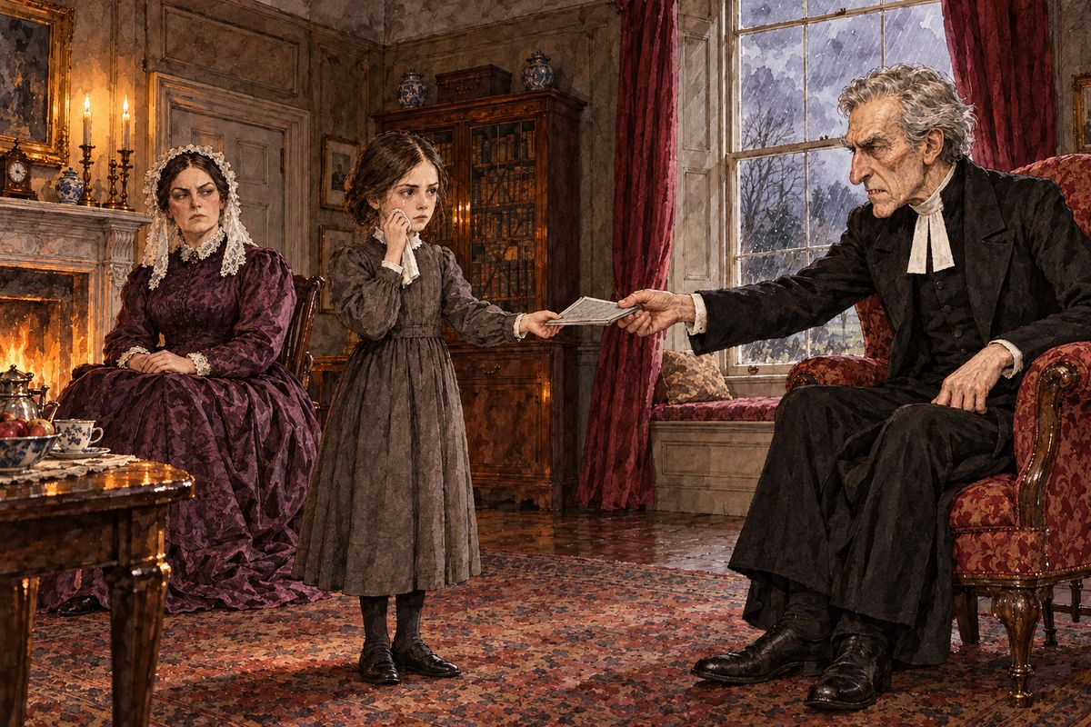 Jane said she liked Revelations and Daniel, but 'Psalms are not interesting.' Mr Brocklehurst declared she had a wicked heart. Then Mrs Reed told him, in front of her, that Jane's worst fault was deceit and that the teachers must watch her. Jane fought back her tears as he pressed a little tract about a lying child into her hand.