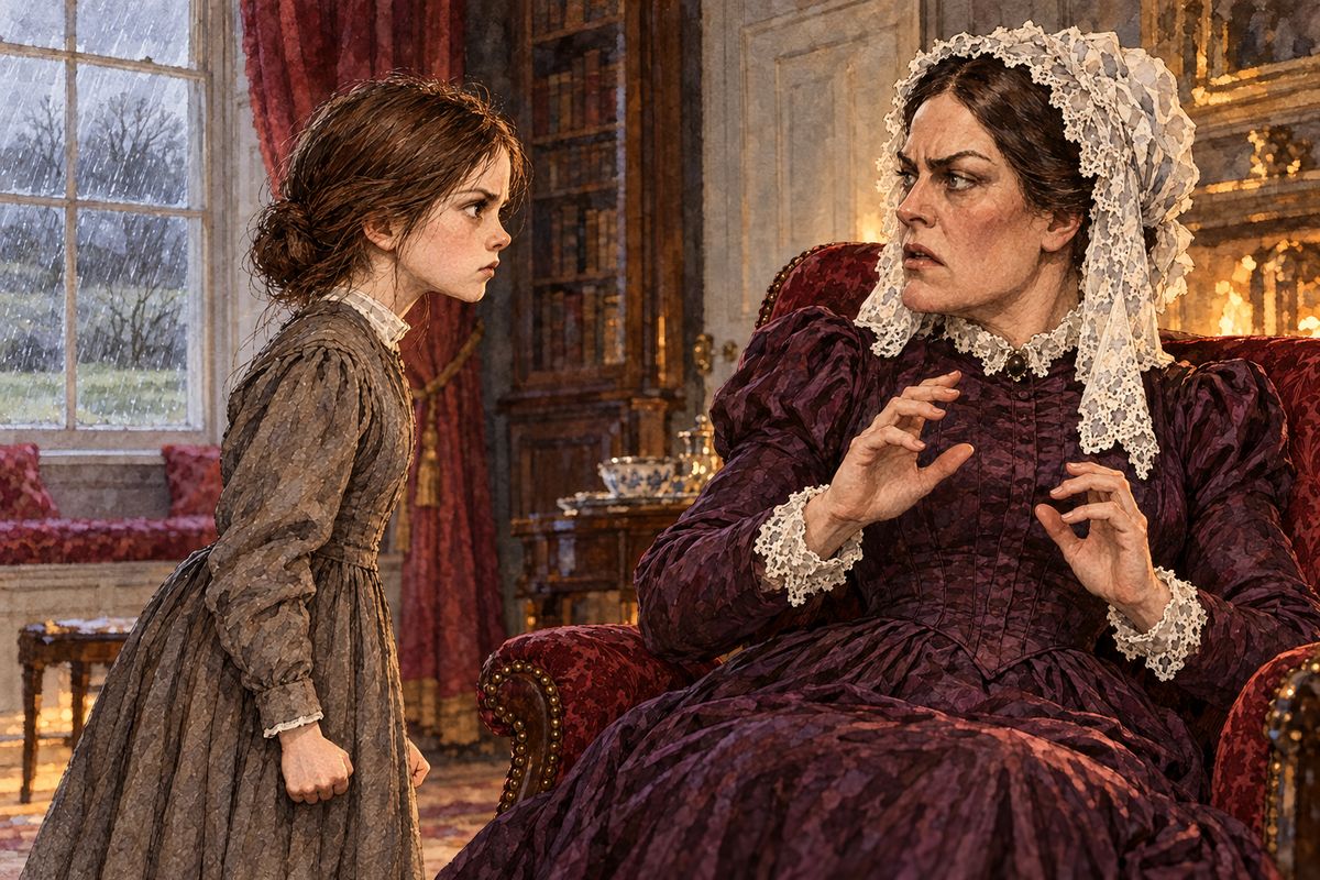 When he had gone, Jane walked straight up to her aunt, shaking from head to foot. 'I am not deceitful: if I were, I should say I loved you; but I declare I do not love you.' She poured out the truth of the red-room. Mrs Reed's sewing slipped from her knee, and she looked frightened.