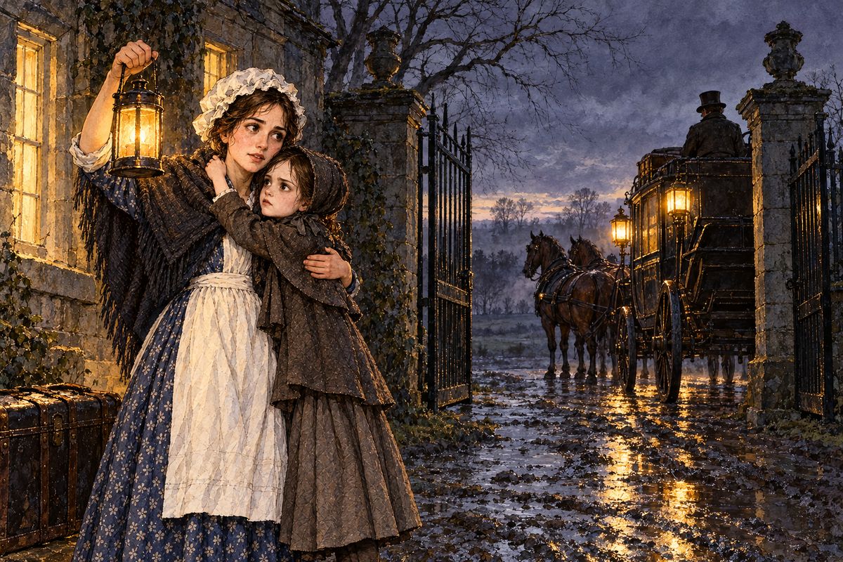 Before dawn on the nineteenth of January, Bessie walked Jane down to the lodge by lantern-light. Jane would not say goodbye to Mrs Reed. When the coach came, she was pulled weeping from Bessie's neck and driven away, fifty miles alone, through towns and wet grey hills, into the dark.