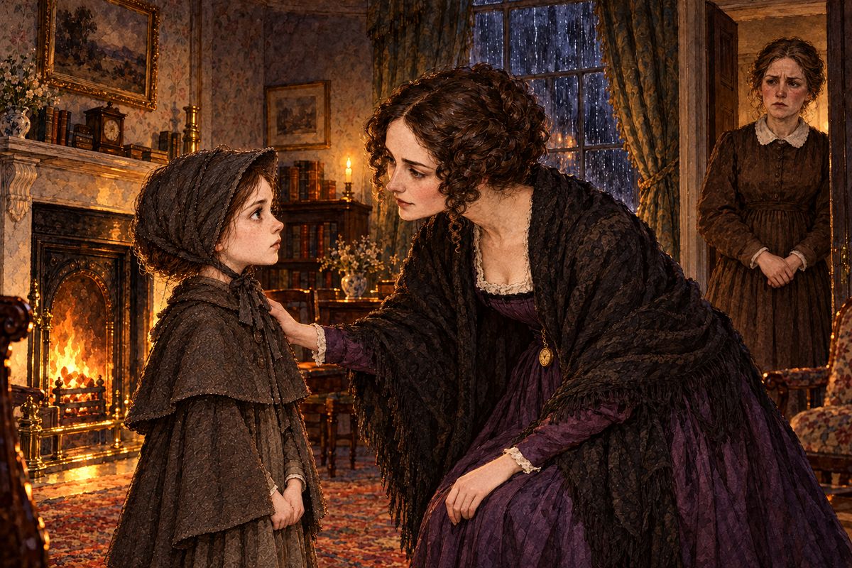 Long after nightfall, in wind and rain, Jane was lifted down at a wall door and led into a firelit parlour. A tall lady with dark hair came in carrying a candle. 'The child is very young to be sent alone,' she said, and touched Jane's cheek gently. She was Miss Temple, the superintendent of Lowood.