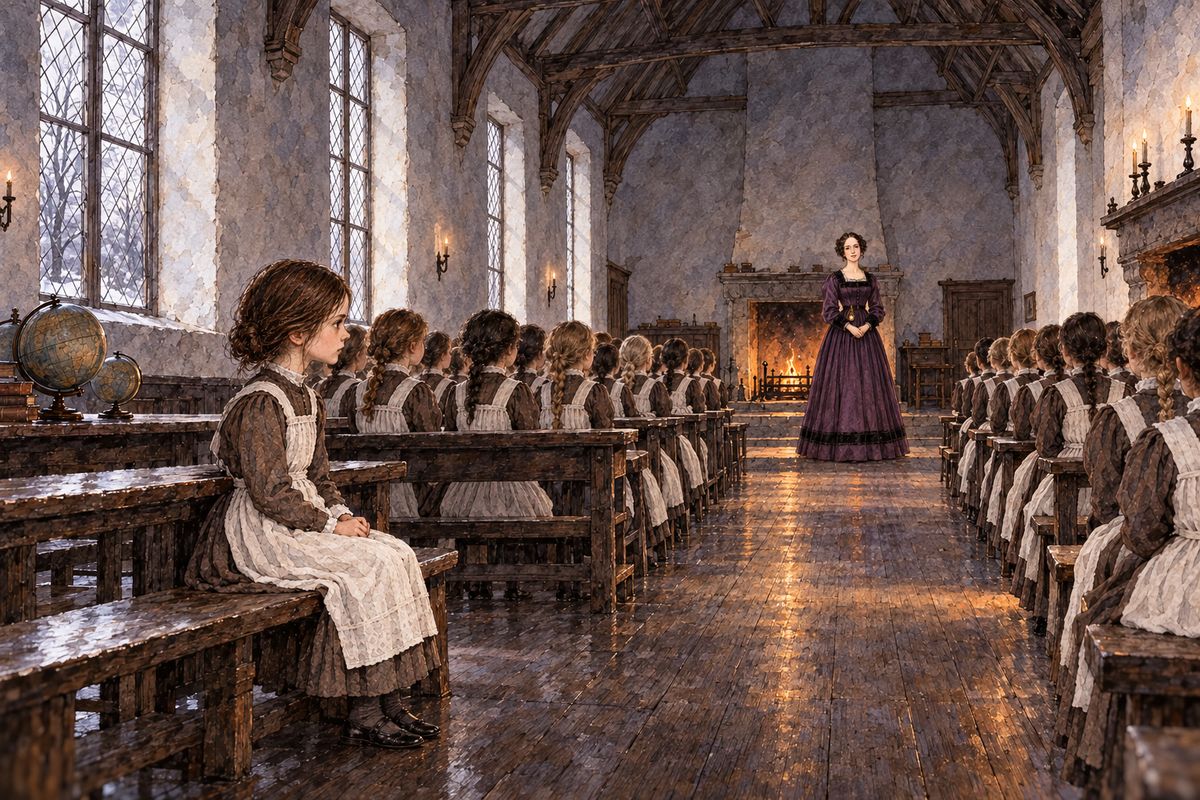 Breakfast next morning was burnt porridge that nobody could swallow. Eighty girls in brown frocks, every curl combed away, sat hungry through the lessons until noon. Then Miss Temple rose: 'You had this morning a breakfast which you could not eat; I have ordered that a lunch of bread and cheese shall be served to all.'