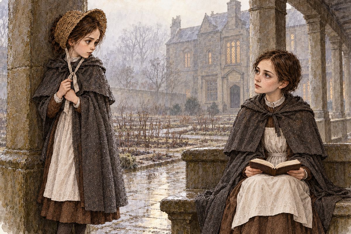In the foggy, high-walled garden, the thin, pale girls huddled in the verandah, and Jane heard a hollow cough. A thin girl on a stone bench was reading a book called 'Rasselas'. Jane dared to speak to her and learned that Lowood was a school for orphans, and that all of them were charity-children.
