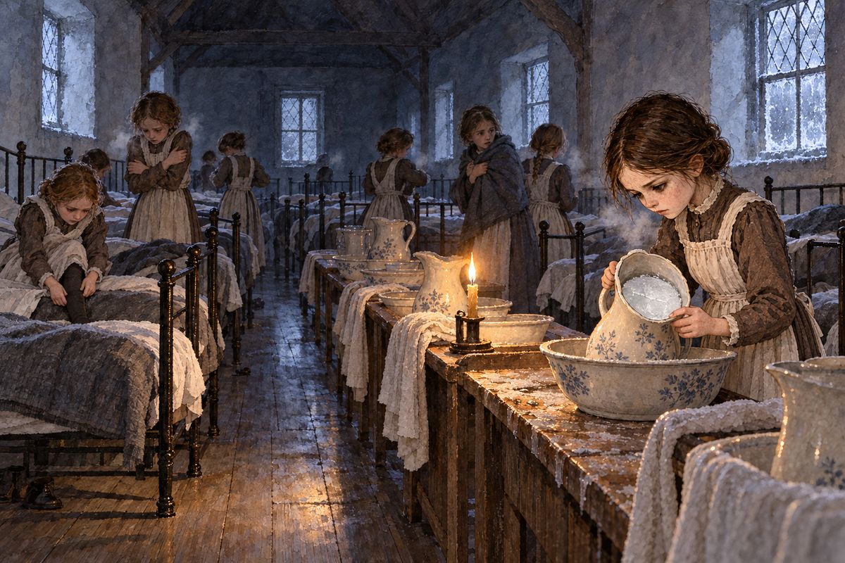 The next morning the water in the pitchers was frozen solid. A north-east wind had whistled through the window cracks all night, and the girls dressed by rushlight without washing at all. After an hour and a half of prayers, Jane felt ready to perish with cold, and her little portion of porridge seemed smaller than ever.