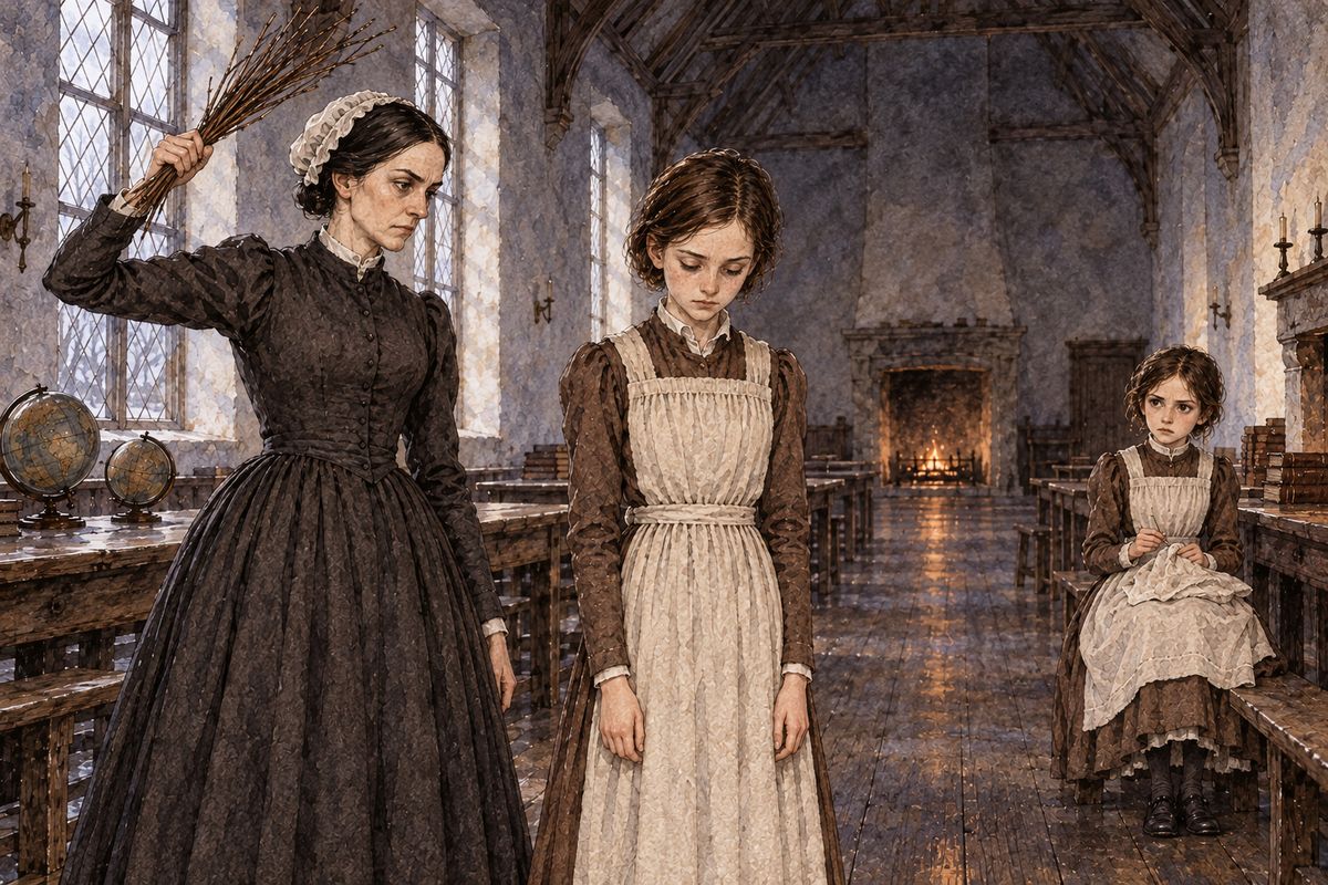 That afternoon, sewing in a corner, Jane watched Miss Scatcherd scold Helen Burns for dirty nails, though no one could have washed in frozen water. Helen fetched a bundle of twigs, curtseyed, unloosed her pinafore without being told, and took a dozen strokes on the neck. Not a feature of her pensive face changed.
